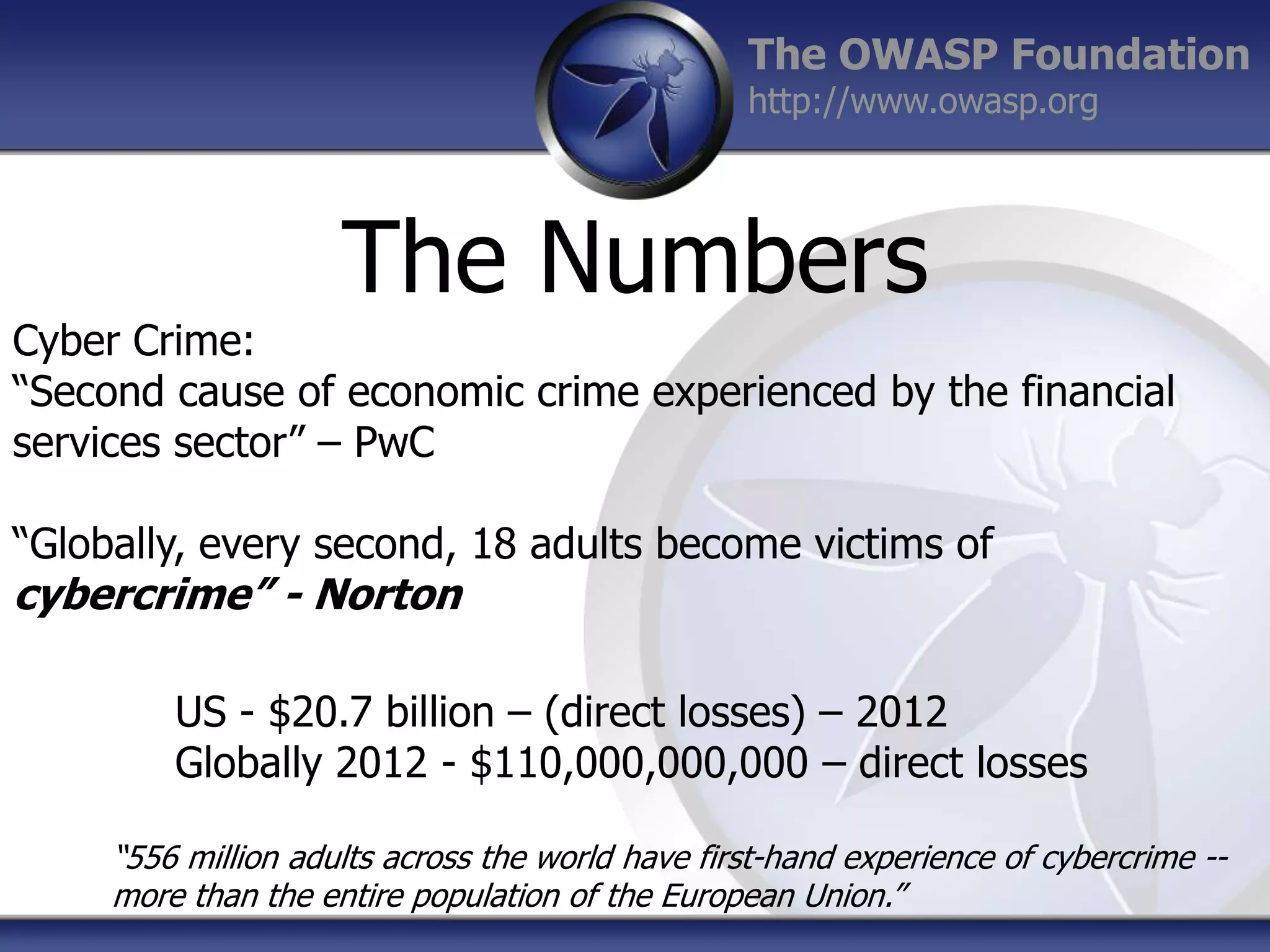 The OWASP Foundation
http://www.owasp.org

The Numbers
Cyber Crime:
“Second cause of economic crime experienced by the financial
services sector” – PwC
“Globally, every second, 18 adults become victims of

cybercrime” - Norton

US - $20.7 billion – (direct losses) – 2012
Globally 2012 - $110,000,000,000 – direct losses
“556 million adults across the world have first-hand experience of cybercrime -more than the entire population of the European Union.”

 