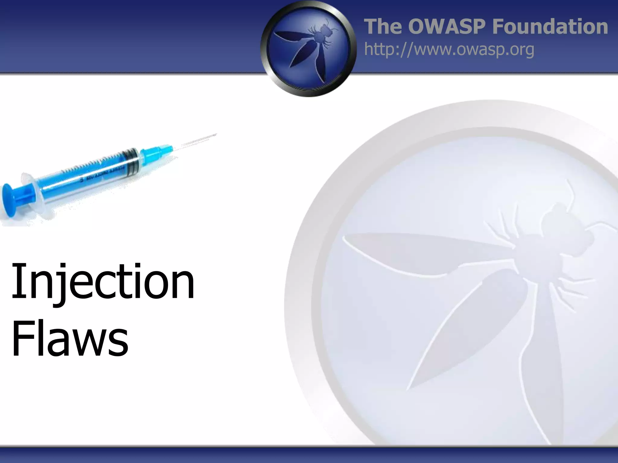 The OWASP Foundation
http://www.owasp.org

Injection
Flaws

 