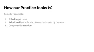 How our Practice looks (1)
Some key concepts:
1. A Backlog of tasks
2. Prioritised by the Product Owner, estimated by the team
3. Completed in Iterations
 
