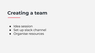 Creating a team
● Idea session
● Set up slack channel
● Organise resources
 