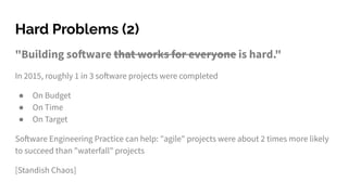 "Building software that works for everyone is hard."
In 2015, roughly 1 in 3 software projects were completed
● On Budget
● On Time
● On Target
Software Engineering Practice can help: "agile" projects were about 2 times more likely
to succeed than "waterfall" projects
[Standish Chaos]
Hard Problems (2)
 