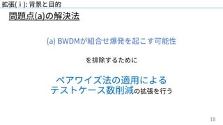 18
問題点(a)の解決法
拡張(ⅰ): 背景と⽬的
(a) BWDMが組合せ爆発を起こす可能性
を排除するために
ペアワイズ法の適⽤による
テストケース数削減の拡張を⾏う
 
