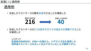 24
適⽤例
拡張(ⅰ): 適⽤例
• ⽣成したテストケースの数を削減できることを確認した
• ⽣成したテストケースが2つの因⼦のすべての組合せを網羅できること
を確認した
したがって
拡張後のBWDMが、VDM++仕様から、ペアワイズ法を適⽤した
境界値テストケースを正しく出⼒できていることが確認できた。
216
既存のBWDM
40
拡張したBWDM
 