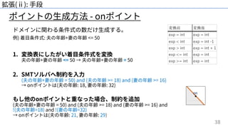 38
拡張(ⅱ): ⼿段
ドメインに関わる条件式の数だけ⽣成する。
例) 着⽬条件式: 夫の年齢+妻の年齢 <= 50
1. 変換表にしたがい着⽬条件式を変換
夫の年齢+妻の年齢 <= 50 → 夫の年齢+妻の年齢 = 50
2. SMTソルバへ制約を⼊⼒
(夫の年齢+妻の年齢 = 50) and (夫の年齢 >= 18) and (妻の年齢 >= 16)
→ onポイントは(夫の年齢: 18, 妻の年齢: 32)
もし他のonポイントと重なった場合、制約を追加
(夫の年齢+妻の年齢 = 50) and (夫の年齢 >= 18) and (妻の年齢 >= 16) and
!(夫の年齢=18) and !(妻の年齢=32)
→ onポイントは(夫の年齢: 21, 妻の年齢: 29)
変換前 変換後
exp = int exp = int
exp < int exp = int -1
exp > int exp = int + 1
exp <= int exp = int
exp >= int exp = int
ポイントの⽣成⽅法 - onポイント
 