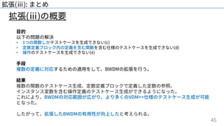 45
拡張(ⅲ): まとめ
⽬的
以下の問題の解決
• 1つの関数しかテストケースを⽣成できない(c)
• 定数定義ブロック内の定義を含む関数を含む仕様のテストケースを⽣成できない(d)
• 操作のテストケースを⽣成できない(e)
⼿段
複数の定義に対応するための適⽤をして、BWDMの拡張を⾏う。
結果
複数の関数のテストケース⽣成、定数定義ブロックで定義した定数の参照、
インスタンス変数を含む操作定義のテストケース⽣成ができるようになった。
これにより、BWDMの対応範囲が広がり、より多くのVDM++仕様のテストケース⽣成が可能
となった。
したがって、拡張したBWDMの有⽤性が向上したと考えられる。
拡張(ⅲ)の概要
 