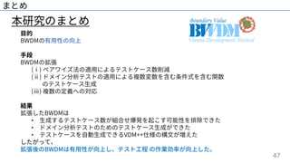 47
まとめ
⽬的
BWDMの有⽤性の向上
⼿段
BWDMの拡張
(ⅰ) ペアワイズ法の適⽤によるテストケース数削減
(ⅱ) ドメイン分析テストの適⽤による複数変数を含む条件式を含む関数
のテストケース⽣成
(ⅲ) 複数の定義への対応
結果
拡張したBWDMは
• ⽣成するテストケース数が組合せ爆発を起こす可能性を排除できた
• ドメイン分析テストのためのテストケース⽣成ができた
• テストケースを⾃動⽣成できるVDM++仕様の構⽂が増えた
したがって、
拡張後のBWDMは有⽤性が向上し、テスト⼯程 の作業効率が向上した。
本研究のまとめ
 
