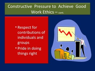 Constructive Pressure to Achieve Good
Work Ethics – cont.
• Respect for
contributions of
individuals and
groups
• Pride in...