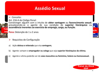 23
Princípios de atuação
Respeito pelos direitos humanos e trabalhistas
Canal de Ética
EDP
Compromisso de respeitar os direitos humanos e práticas
trabalhistas condignas
Todas as partes interessadas devem atuar de acordo com estes
princípios
Trabalho
infantil
Trabalho
escravo
Detenção
arbitária,
tortura ou
execução
Violência
psicoló-
gica ou
assédio
moral
Assédio
sexual
Discriminação
Liberdade de opinião e
de expressão,
diversidade e saúde e
bem estar
Liberdade de
organização e
associação
Liberdade de
consciência e
religiosa
 Conceito:
Art. 216-A do Código Penal:
Constranger alguém com o intuito de obter vantagem ou favorecimento sexual,
prevalecendo-se o agente de sua condição de superior hierárquico ou
ascendência inerentes ao exercício de emprego, cargo, ou função.
Pena: Detenção de 1 a 2 anos
 Requisitos de Configuração
a) Ação dolosa e reiterada que visa vantagem;
b) Agente: sempre o empregador ou colega que seja superior hierárquico da vítima;
c) Agente e vítima poderão ser do sexo masculino ou feminino, hetero ou homossexual.
Assédio Sexual
 