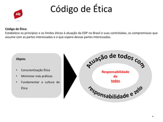 8
Código de Ética
Código de Ética:
Estabelece os princípios e os limites éticos à atuação da EDP no Brasil e suas controladas, os compromissos que
assume com as partes interessadas e o que espera dessas partes interessadas.
Objeto
• Conscientização Ética
• Minimizar más práticas
• Fundamentar a cultura de
Ética
Responsabilidade
de
todos
 