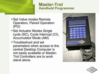 Master-Trol Handheld Programmer Set Valve modes Remote Operation, Paired Operation (PO) Set Actuator Modes Single cycle (SC), Cycle Interrupt (CI), Accumulator Mode (AM) Troubleshoot and set parameters when access to the central Desktop Computer is not easily available or Master-Trol Controllers are to work stand alone. 