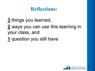 Reflections:
3 things you learned,
2 ways you can use this learning in
your class, and
1 question you still have
5
1
 