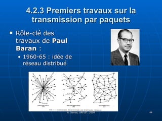 4.2.3 Premiers travaux sur la transmission par paquets Rôle-clé des travaux de  Paul Baran  : 1960-65 : idée de réseau distribué 