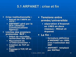 Crise institutionnelle :  Retrait de l’ARPA en 1975 : ARPANET géré par la DCA ( Defense Communications Agency )   Limites des premiers protocoles  NCP :  Début de nouvelles recherches dès 1972 Mouvement de «l’interconnexion » Création de TCP en 1974 Passage à TCP/IP en 1983 Tensions entre  armée/universités  séparation d’Arpanet en 1983 en deux réseaux : Milnet et Arpanet La fin : fermeture définitive d’ARPANET en 1989, avec l’extinction des IMP ARPANET  remplacé par NSFNet  5.1 ARPANET : crise et fin 