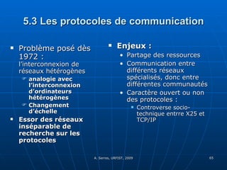 5.3 Les protocoles de communication Problème posé dès 1972 :  l’interconnexion de réseaux hétérogènes analogie avec l’interconnexion d’ordinateurs hétérogènes Changement d’échelle Essor des réseaux inséparable de recherche sur les protocoles Enjeux :  Partage des ressources Communication entre différents réseaux spécialisés, donc entre différentes communautés Caractère ouvert ou non des protocoles :  Controverse socio-technique entrre X25 et TCP/IP 