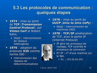 5.3 Les protocoles de communication :  quelques étapes 1974  : mise au point de  TCP  ( Transmission Control Protocol ), par  Vinton Cerf  et Robert Kahn.  Objet : interconnexion de réseaux hétérogènes 1976  : adoption du protocole  X25  comme norme ISO : interconnexion des réseaux de télécommunications 1976  : mise au point de  UUCP  ( Unix to Unix CoPy ) :  Objet : interconnexion de machines UNIX  1978  :  TCP/IP  amélioration de TCP, avec la partie IP (Internet Protocol) IP gère les processus de routage, TCP contrôle le processus de connexion N° IP : n° d’une machine sur le Net.  Ex. : 193.52.64.243  