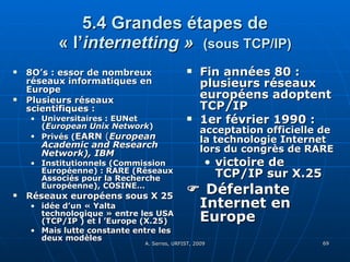 5.4 Grandes étapes de « l’ internetting »  (sous TCP/IP) 8O’s : essor de nombreux  réseaux informatiques en Europe  Plusieurs réseaux scientifiques :  Universitaires : EUNet ( European Unix Network ) Privés ( EARN  ( European Academic and Research Network), IBM Institutionnels (Commission Européenne) : RARE (Réseaux Associés pour la Recherche Européenne), COSINE… Réseaux européens sous X 25 idée d’un « Yalta technologique » entre les USA (TCP/IP ) et l ’Europe (X.25) Mais lutte constante entre les deux modèles Fin années 80 : plusieurs réseaux européens adoptent TCP/IP 1er février 1990 :  acceptation officielle de la technologie Internet lors du congrès de RARE victoire de TCP/IP sur X.25     Déferlante Internet en Europe 