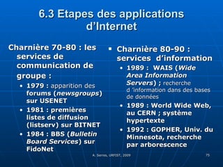 6.3 Etapes des applications d’Internet Charnière 70-80 : les services de communication de groupe :   1979 :  apparition des  forums ( newsgroups ) sur USENET 1981 : premières listes de diffusion (listserv) sur BITNET 1984 : BBS ( Bulletin Board Services ) sur FidoNet Charnière 80-90 : services  d’information 1989 :  WAIS ( Wide Area Information Servers ) ;  recherche d ’information dans des bases de données 1989 : World Wide Web, au CERN ; système hypertexte 1992 : GOPHER, Univ. du Minnesota, recherche par arborescence 