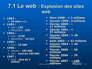 7.1 Le web :  Explosion des sites web 1992 :  26 sites  web 1993 :  Juin  : 130 Décembre :  623 1994 :  Juin :  2738 Décembre :  10 022 1995 :  Juin :  23 500 1996 :  Janvier :  100 000 Juin :  environ 230 000 1997 :  Avril :  plus de 1 million Mars 1998  :  > 2 millions Janvier 1999 : 4 millions  Février   2000 :  >  11 millions  Janvier 2001 : > 27 millions Janvier   2002 : > 36 millions Août 2003 :   > 42 millions   Janvier 2004 : > 46 millions Février   2005  : >  59 millions Février   2006  : >  76 millions Février   2007  : >  108 millions (source :  Wikipedia ) 