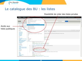 Le catalogue des BU : les listes
15
Possibilité de créer des listes privées
Accès aux
listes publiques
 