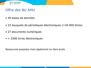 Offre des BU AMU
• 40 bases de données
• 22 bouquets de périodiques électroniques (+20 000 titres)
• 27 documents numériques
• + 2500 livres électroniques
Ressources payantes mais également en libre accès
25
 
