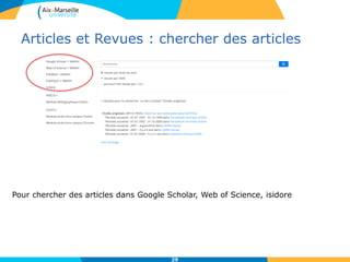 Articles et Revues : chercher des articles
29
Pour chercher des articles dans Google Scholar, Web of Science, isidore
 