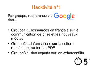 11
Hacktivité n°1
Par groupe, recherchez via
des...
• Groupe1 :...ressources en français sur la
communication de crise et ...
