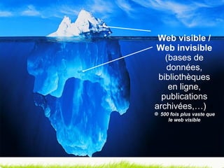 Web visible / Web invisible  (bases de données, bibliothèques en ligne, publications archivées,…)        500 fois plus vaste que le web visible 
