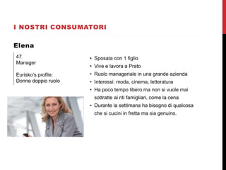 I NOSTRI CONSUMATORI
Elena
47
Manager
Eurisko’s profile:
Donne doppio ruolo
• Sposata con 1 figlio
• Vive e lavora a Prato
• Ruolo manageriale in una grande azienda
• Interessi: moda, cinema, letteratura
• Ha poco tempo libero ma non si vuole mai
sottratte ai riti famigliari, come la cena
• Durante la settimana ha bisogno di qualcosa
che si cucini in fretta ma sia genuino.
 
