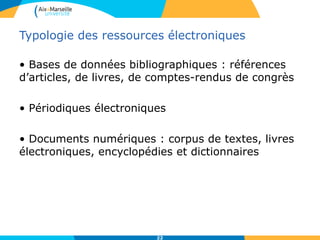 Typologie des ressources électroniques
• Bases de données bibliographiques : références
d’articles, de livres, de comptes-rendus de congrès
• Périodiques électroniques
• Documents numériques : corpus de textes, livres
électroniques, encyclopédies et dictionnaires
22
 