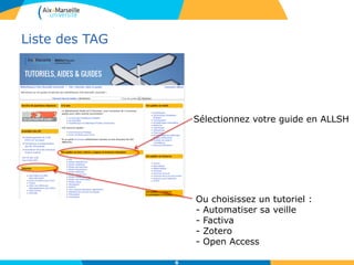 Liste des TAG
6
Sélectionnez votre guide en ALLSH
Ou choisissez un tutoriel :
- Automatiser sa veille
- Factiva
- Zotero
- Open Access
 