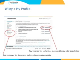 Wiley : My Profile
63
Pour retrouver les documents ou les recherches sauvegardés
Pour relancer les recherches sauvegardées ou créer des alertes
 
