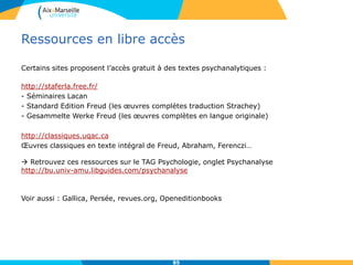 Ressources en libre accès
Certains sites proposent l’accès gratuit à des textes psychanalytiques :
http://staferla.free.fr/
- Séminaires Lacan
- Standard Edition Freud (les œuvres complètes traduction Strachey)
- Gesammelte Werke Freud (les œuvres complètes en langue originale)
http://classiques.uqac.ca
Œuvres classiques en texte intégral de Freud, Abraham, Ferenczi…
 Retrouvez ces ressources sur le TAG Psychologie, onglet Psychanalyse
http://bu.univ-amu.libguides.com/psychanalyse
Voir aussi : Gallica, Persée, revues.org, Openeditionbooks
85
 