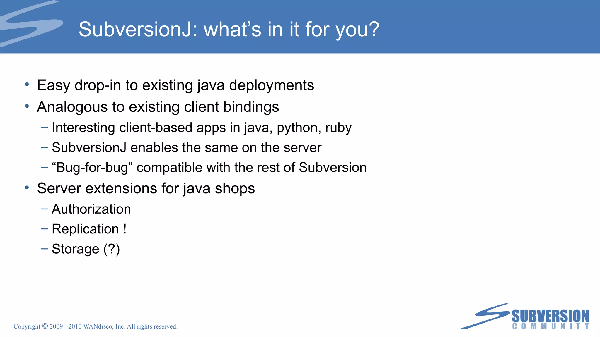 Audit Trail Obliterate alters history, it does not create more history Obliterate makes existing history-altering tasks easier and quicker There will be an audit trail who, when, what This info will be stored On the server – in a dedicated log file (Maybe) In a user-visible place – such as a rev-prop In a user-visible place, if paths are sensitive, it can just say “within directory D” or “within revision R” 