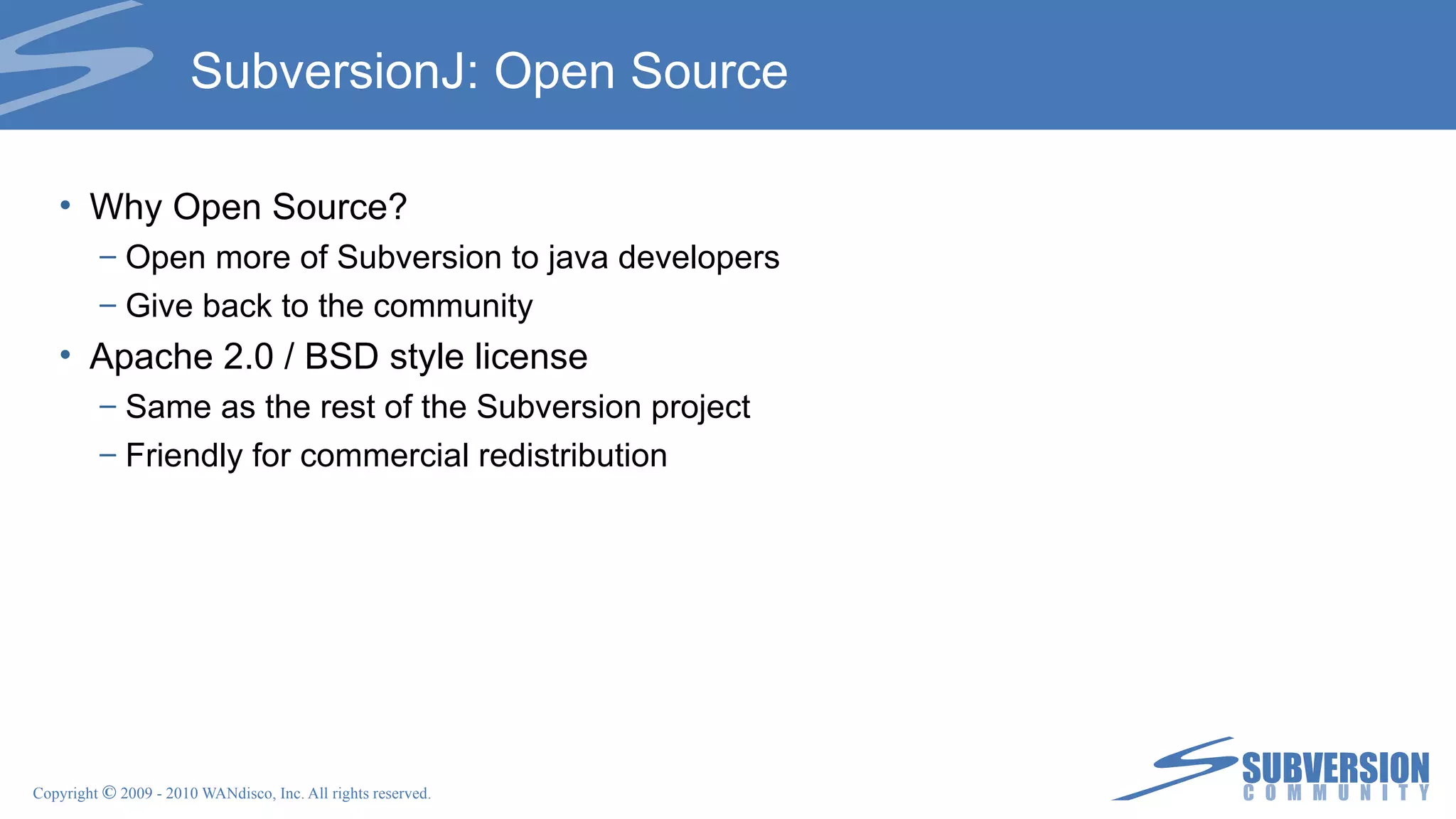 Milestones M1: simplest possible case – youngest revision of a file M2: any node in any revision M3: FSFS; large range of revisions Unplanned: BDB, GUI More detail: http://svn.apache.org/repos/asf/subversion/trunk/notes/obliterate/plan-milestones.html or http://subversion.wandisco.com/wiki/index.php/Svn_Obliterate_Project_Plan 