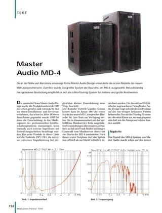 TEST




      Master
      Audio MD-4
      Die in der Nähe von Barcelona ansässige Firma Master Audio Design entwickelte die ersten Modelle der neuen
      MD-Lautsprecherserie. Zum Test wurde das größte System der Baureihe, ein MD-4, ausgewählt. Mit vollständig
      horngeladener Bestückung empfiehlt es sich als echtes Touring-System für mittlere und große Reichweiten.



      Die spanische Firma Master Audio De-      gleichbar kleiner Dauerleistung neue        zeichnet werden. Die derweil auf 26 Mit-
      sign wurde als Produktionsbetrieb 1987    Wege beschritt.                             arbeiter angewachsene Firma Master Au-
      ins Leben gerufen und entwickelte sich    Der deutsche Vertrieb Günther Grimm         dio Design wagt sich mit diesem Produkt
      aus einem Installations- und Serviceun-   konnte dann im Januar 1997 die ersten       auf das von wenigen bekannten Firmen
      ternehmen, das schon im Jahre 1970 von    Stacks der neuen MD-Lautsprecher-Bau-       beherrschte Terrain der Touring-Systeme
      Juan Amate gegründet wurde. 1993 fiel     reihe für Live-Tests zur Verfügung stel-    der obersten Klasse vor, wo man gespannt
      dann die Entscheidung, in das Markt-      len. Die in Zusammenarbeit mit der Ver-     sein darf, wie die Akzeptanz bei den Kun-
      segment der professionellen Großbe-       leihfirma Musikservice Köln ausgeführ-      den ausfällt.
      schallungssysteme einzusteigen, wozu      ten Veranstaltungen überzeugten auf An-
      erstmals auch externe Ingenieure mit      hieb, so daß sich Frank Müller und Jürgen

                                                                                            ‚   Topteile
      Entwicklungsarbeiten beauftragt wur-      Grunwald vom Musikservice direkt mit
      den. Das erste Produkt in dieser Linie    vier Stacks der MD-4 ausstatteten. Nach
      war die Endstufe DPU-2K5, die mit ei-     dieser ersten Testphase darf das System     Das Topteil des MD-4-Systems von Ma-
      ner extremen Impulsleistung bei ver-      nun offiziell als am Markt befindlich be-   ster Audio macht schon auf den ersten




          Abb. 1: Impedanzverlauf                                          Abb. 2: Frequenzgang


152
      Production Partner 11/97
 