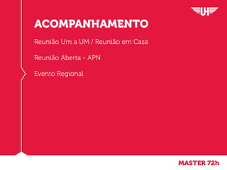 Reunião Um a UM / Reunião em Casa
Reunião Aberta - APN
Evento Regional
ACOMPANHAMENTO
MASTER 72h
 