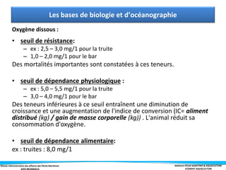 Master Administration des affaires des Pêche Maritimes MODULE PÊCHE MARITIME & AQUACULTURE
ELÉMENT-AQUACULTURE
• seuil de résistance:
– ex : 2,5 – 3,0 mg/1 pour la truite
– 1,0 – 2,0 mg/1 pour le bar
Des mortalités importantes sont constatées à ces teneurs.
• seuil de dépendance physiologique :
– ex : 5,0 – 5,5 mg/1 pour la truite
– 3,0 – 4,0 mg/1 pour le bar
Des teneurs inférieures à ce seuil entraînent une diminution de
croissance et une augmentation de l'indice de conversion (IC= aliment
distribué (kg) / gain de masse corporelle (kg)) . L'animal réduit sa
consommation d'oxygène.
• seuil de dépendance alimentaire:
ex : truites : 8,0 mg/1
Les bases de biologie et d’océanographie
Oxygène dissous :
 