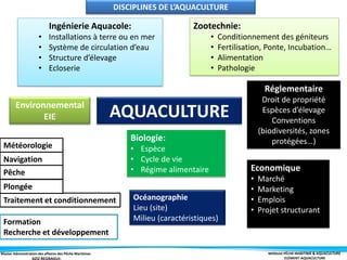 Master Administration des affaires des Pêche Maritimes MODULE PÊCHE MARITIME & AQUACULTURE
ELÉMENT-AQUACULTURE
AQUACULTURE
Zootechnie:
• Conditionnement des géniteurs
• Fertilisation, Ponte, Incubation…
• Alimentation
• Pathologie
Ingénierie Aquacole:
• Installations à terre ou en mer
• Système de circulation d’eau
• Structure d’élevage
• Ecloserie
Réglementaire
Droit de propriété
Espèces d’élevage
Conventions
(biodiversités, zones
protégées…)
Economique
• Marché
• Marketing
• Emplois
• Projet structurant
Environnemental
EIE
Biologie:
• Espèce
• Cycle de vie
• Régime alimentaire
Océanographie
Lieu (site)
Milieu (caractéristiques)
Météorologie
Navigation
Pêche
Traitement et conditionnement
Plongée
Formation
Recherche et développement
DISCIPLINES DE L’AQUACULTURE
 
