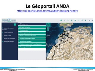 Master Administration des affaires des Pêche Maritimes MODULE PÊCHE MARITIME & AQUACULTURE
ELÉMENT-AQUACULTURE
Le Géoportail ANDA
https://geoportail.anda.gov.ma/public/index.php?lang=fr
 