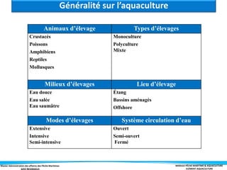 Master Administration des affaires des Pêche Maritimes MODULE PÊCHE MARITIME & AQUACULTURE
ELÉMENT-AQUACULTURE
Animaux d’élevage Types d’élevages
Crustacés
Poissons
Amphibiens
Reptiles
Mollusques
Monoculture
Polyculture
Mixte
Milieux d’élevages Lieu d’élevage
Eau douce
Eau salée
Eau saumâtre
Étang
Bassins aménagés
Offshore
Modes d’élevages Système circulation d’eau
Extensive
Intensive
Semi-intensive
Ouvert
Semi-ouvert
Fermé
Généralité sur l’aquaculture
 