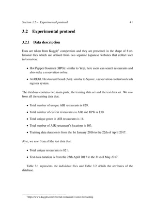 Section 3.2 – Experimental protocol 41
3.2 Experimental protocol
3.2.1 Data description
Data are taken from Kaggle1
competition and they are presented in the shape of 8 re-
lational ﬁles which are derived from two separate Japanese websites that collect user
information:
• Hot Pepper Gourmet (HPG): similar to Yelp, here users can search restaurants and
also make a reservation online.
• AirREGI / Restaurant Board (Air): similar to Square, a reservation control and cash
register system.
The database contains two main parts, the training data set and the test data set. We saw
from all the training data that:
• Total number of unique AIR restaurants is 829.
• Total number of current restaurants in AIR and HPG is 150.
• Total unique genre in AIR restaurants is 14.
• Total number of AIR restaurant’s locations is 103.
• Training data duration is from the 1st January 2016 to the 22th of April 2017.
Also, we saw from all the test data that:
• Total unique restaurants is 821.
• Test data duration is from the 23th April 2017 to the 31st of May 2017.
Table 3.1 represents the individual ﬁles and Table 3.2 details the attributes of the
database.
1
https://www.kaggle.com/c/recruit-restaurant-visitor-forecasting
 