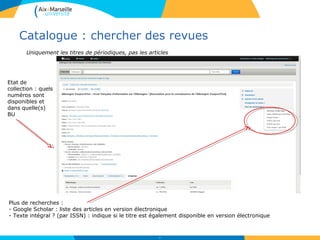 Catalogue : chercher des revues
13
Plus de recherches :
- Google Scholar : liste des articles en version électronique
- Texte intégral ? (par ISSN) : indique si le titre est également disponible en version électronique
Etat de
collection : quels
numéros sont
disponibles et
dans quelle(s)
BU
Uniquement les titres de périodiques, pas les articles
 