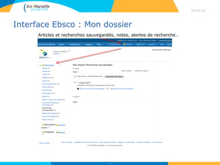 Interface Ebsco : Mon dossier
30/03/16
41
Articles et recherches sauvegardés, notes, alertes de recherche…
 