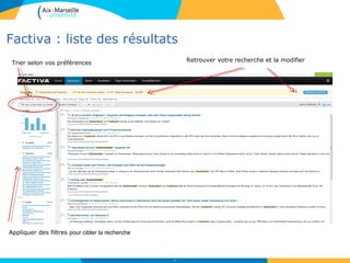 Factiva : liste des résultats
50
Retrouver votre recherche et la modifier
Appliquer des filtres pour cibler la recherche
Trier selon vos préférences
 