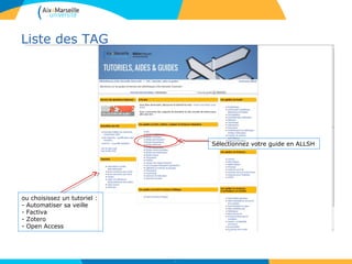 Liste des TAG
6
Sélectionnez votre guide en ALLSH
ou choisissez un tutoriel :
- Automatiser sa veille
- Factiva
- Zotero
- Open Access
 