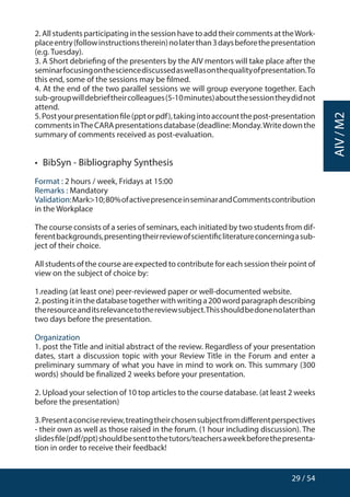29 / 54
AIV/M2
2. All students participating in the session have to add their comments at theWork-
placeentry(followinstructionstherein)nolaterthan3daysbeforethepresentation
(e.g. Tuesday).
3. A Short debriefing of the presenters by the AIV mentors will take place after the
seminarfocusingonthesciencediscussedaswellasonthequalityofpresentation.To
this end, some of the sessions may be filmed.
4. At the end of the two parallel sessions we will group everyone together. Each
sub-groupwilldebrieftheircolleagues(5-10minutes)aboutthesessiontheydidnot
attend.
5.Postyourpresentationfile(pptorpdf),takingintoaccountthepost-presentation
commentsinTheCARApresentationsdatabase(deadline:Monday.Writedownthe
summary of comments received as post-evaluation.
•  BibSyn - Bibliography Synthesis
Format : 2 hours / week, Fridays at 15:00
Remarks : Mandatory
Validation:Mark10;80%ofactivepresenceinseminarandCommentscontribution
in the Workplace
The course consists of a series of seminars, each initiated by two students from dif-
ferentbackgrounds,presentingtheirreviewofscientificliteratureconcerningasub-
ject of their choice.
All students of the course are expected to contribute for each session their point of
view on the subject of choice by:
1.reading (at least one) peer-reviewed paper or well-documented website.
2.postingitinthedatabasetogetherwithwritinga200wordparagraphdescribing
theresourceanditsrelevancetothereviewsubject.Thisshouldbedonenolaterthan
two days before the presentation.
Organization
1. post the Title and initial abstract of the review. Regardless of your presentation
dates, start a discussion topic with your Review Title in the Forum and enter a
preliminary summary of what you have in mind to work on. This summary (300
words) should be finalized 2 weeks before your presentation.
2. Upload your selection of 10 top articles to the course database. (at least 2 weeks
before the presentation)
3.Presentaconcisereview,treatingtheirchosensubjectfromdifferentperspectives
- their own as well as those raised in the forum. (1 hour including discussion). The
slidesfile(pdf/ppt)shouldbesenttothetutors/teachersaweekbeforethepresenta-
tion in order to receive their feedback!
 