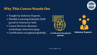 Why This Course Stands Out
Taught by Industry Experts.
Flexible Learning Schedule (Self-
paced or instructor-led).
Career Services: Resume
workshops, interview prep.
Certification recognized globally. Industry Experts
Certification Recognized
globally.
www.iabac.org
 