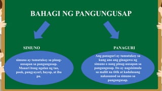 BAHAGI NG PANGUNGUSAP
SIMUNO PANAGURI
simuno ay tumutukoy sa pinag-
uusapan sa pangungusap.
Maaari itong ngalan ng tao,
pook, pangyayari, hayop, at iba
pa.
Ang panaguri ay tumutukoy sa
kung ano ang ginagawa ng
simuno o nang pinag-uusapan sa
pangungusap. Ito ay nagsisimula
sa maliit na titik at kadalasang
nakasunod sa simuno sa
pangungusap.
 