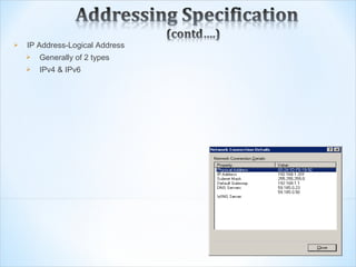    IP Address-Logical Address
       Generally of 2 types
       IPv4 & IPv6
 