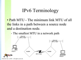 IPv6 Terminology
• Path MTU - The minimum link MTU of all
the links in a path between a source node
and a destination node.
  - The smallest MTU in a network path
            ethernet
           MTU 1500

                                                     ethernet
                                                    MTU 1500




  Host A               router              router
                                MTU 1400
                                                                Host B
 